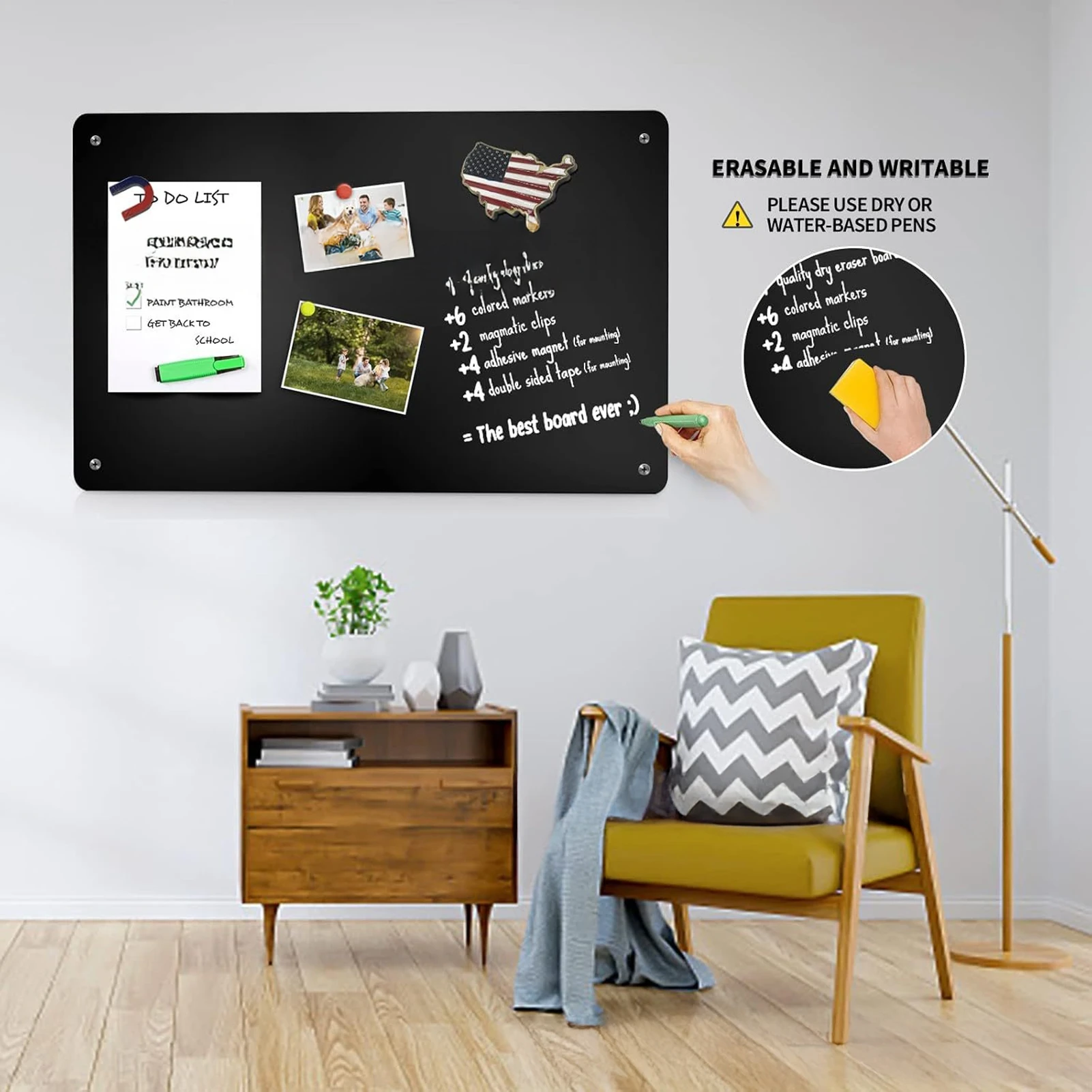 2-Pack Magnetic Bulletin Board Alloy Steel for Kitchen Office Fridge Cabinet Black Memo Message Panel Anti-Scratch Durable FL