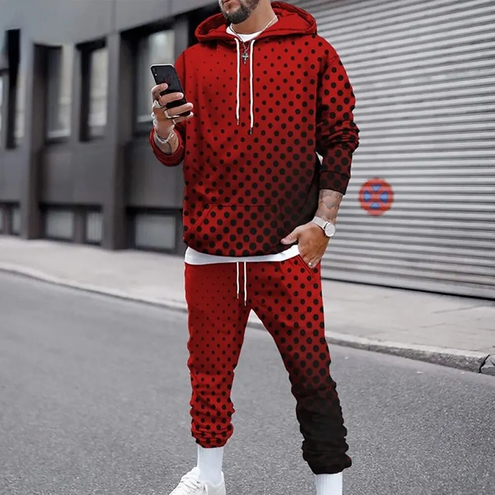 Grappige 3D Polka Dot Print Heren Hoodies Set Herfst Winter Casual Sweatshirt Joggingbroek 2-delige Mode Losse Straat Kleding Pak