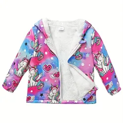 New Autumn and Winter Unicorn Print Cartoon Cute Fleece Hooded Long Sleeved Lapel Fashionable Versatile Warm Jacket