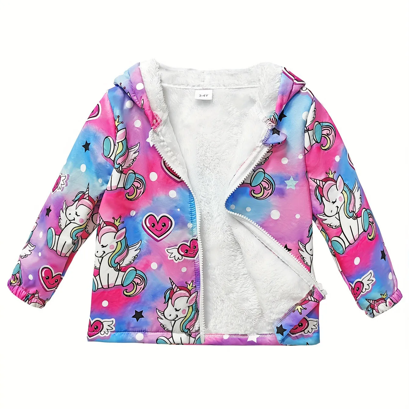 Unisex Cute Unicorn Print Fleece Jacket Hooded Long Sleeve Lapel Warm Autumn Winter Fashionable Versatile Cartoon Jacket
