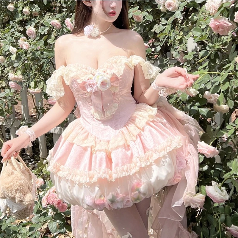 สีชมพู Fairy Bud ชุดเดรสฤดูร้อนสาวหวานสูงเอว Slim ด้านบนปิดไหล่ชุดมินิผู้หญิง Lolita ชุดแต่งงานดอกไม้