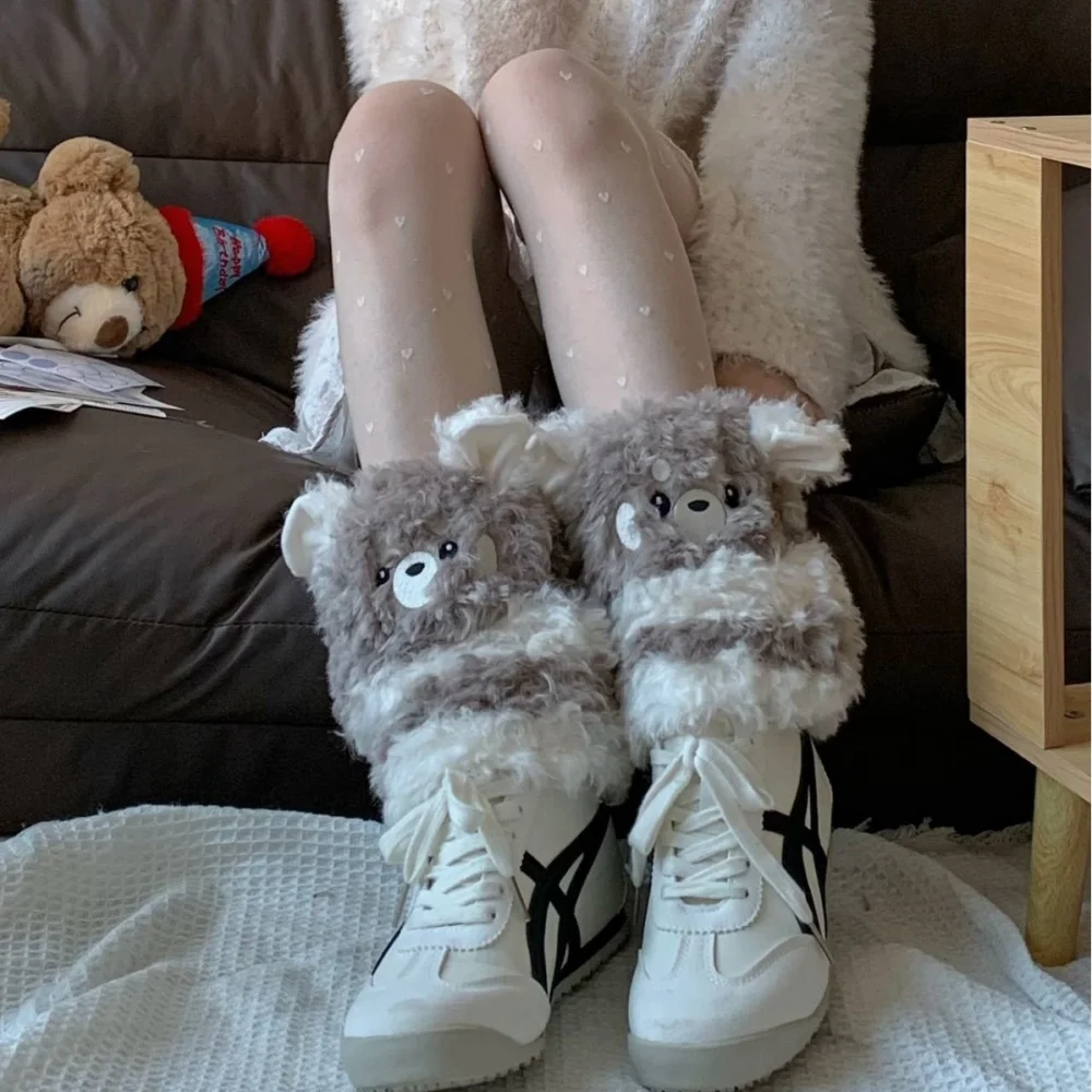 

Kawaii зимние трехмерные гетры с кудрявым медведем, теплая мультяшная кукла, плюшевые носки до середины икры Jk, модные японские декоративные носки