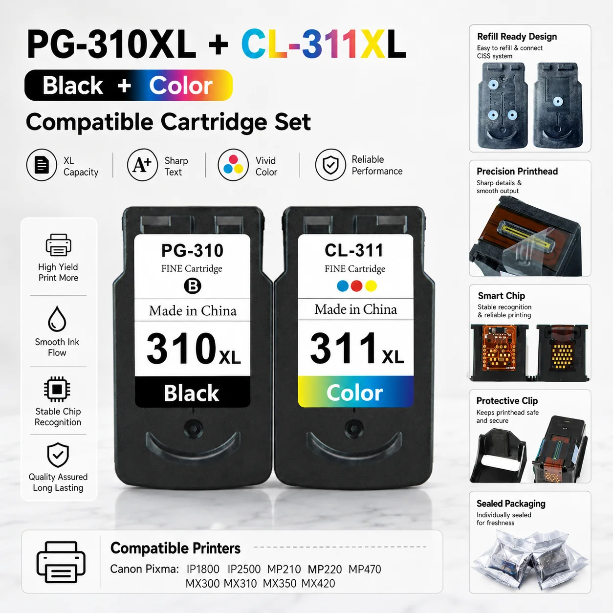 PG-310XL CL-311XL Compatible Ink Cartridge Black Color Combo Pack for Canon Pixma IP2500 MP210 MP220 MX300 MX310 Printer