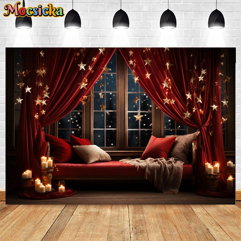 Indoor Christmas Window Background For Child Adult Portrait Holiday Party Photography Glitter Stars Red Curtains Pillow Decor