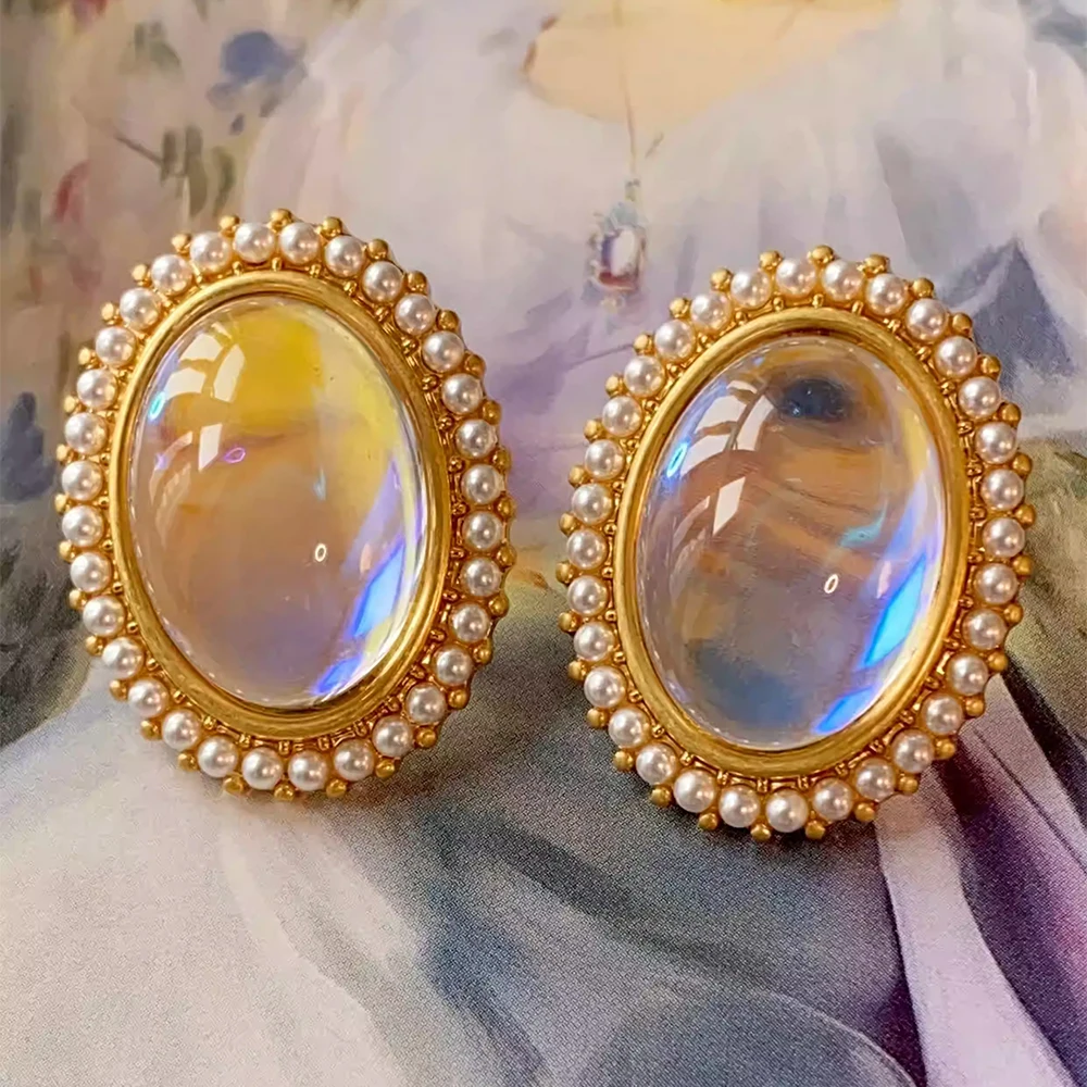 

Clip On Earrings for Women Retro Korean Style Statement Jewelry Iridescent Glass Stone Non Pierced Ear Accessories
