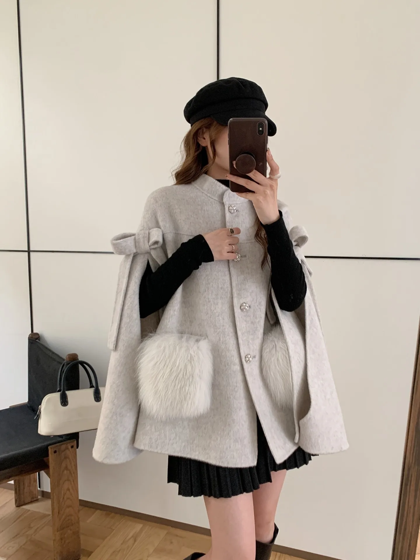 Shanghai Qianjin 2025 Autumn/Winter New Style bow shawl Cape, Double-sided wool cashmere coat, woolen jacket, trendy for women