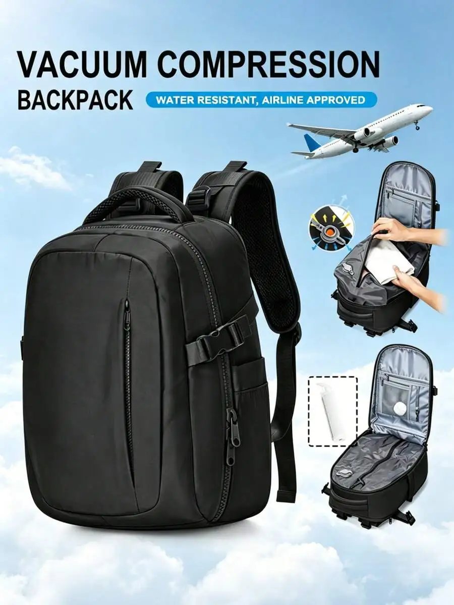 40*30*20 cm vacuum-compressed large-capacity travel backpack, airline-compliant carry-on luggage size, waterproof fabric multi-compartment laptop backpack, shipped with a manual air pump