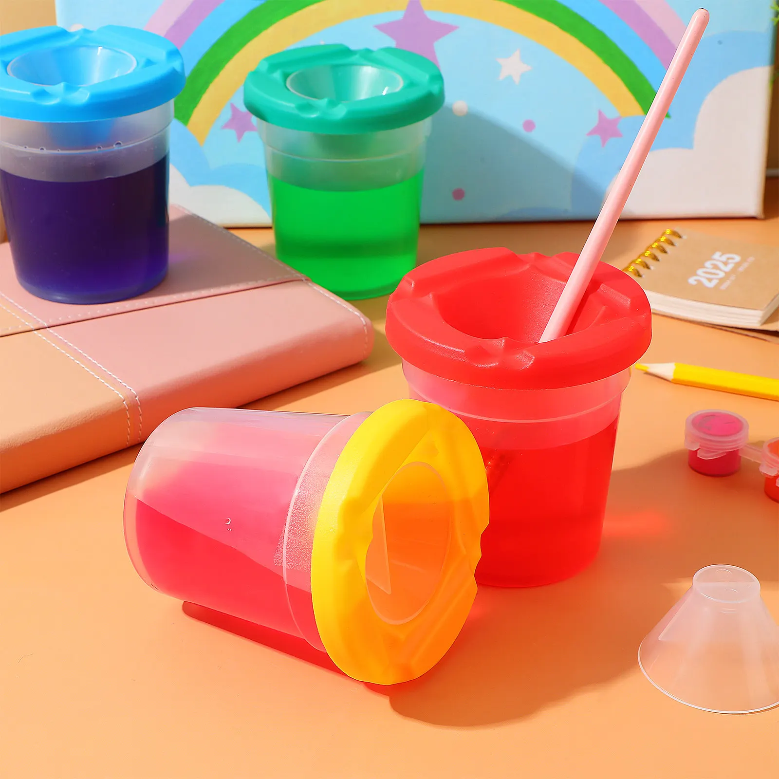 4Pcs Kids Rotating Brush Washing Buckets Sturdy ABS Painting Brush Basins for Art Classes Painting Pen Cleaning