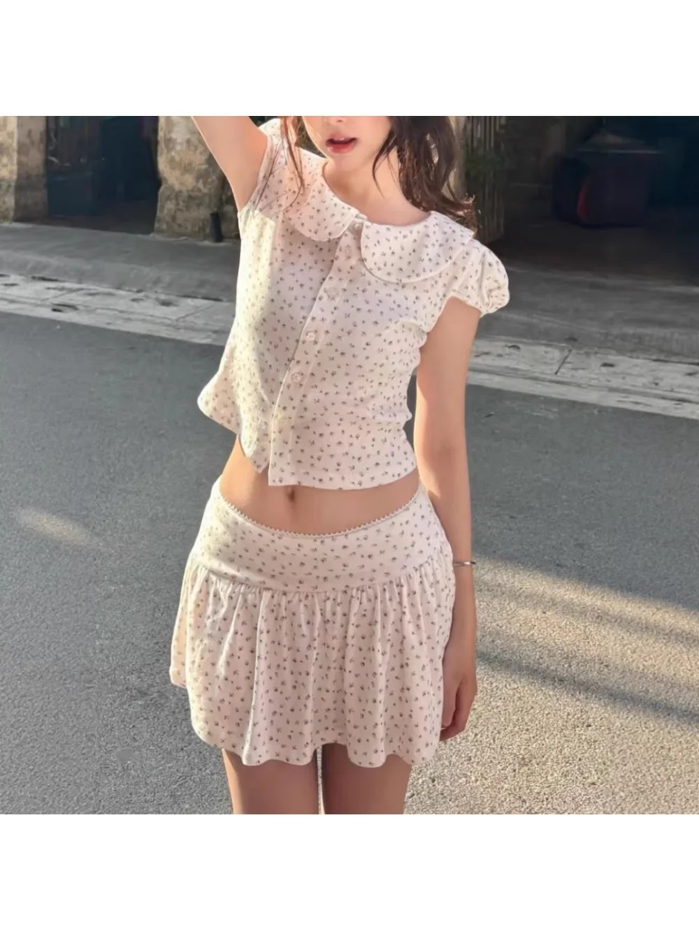 2026 New Summer French Pure Desire Floral Doll Collar Bubble Sleeve Top Short Skirt Set Rural Style Sweet Date Leisure Vacation