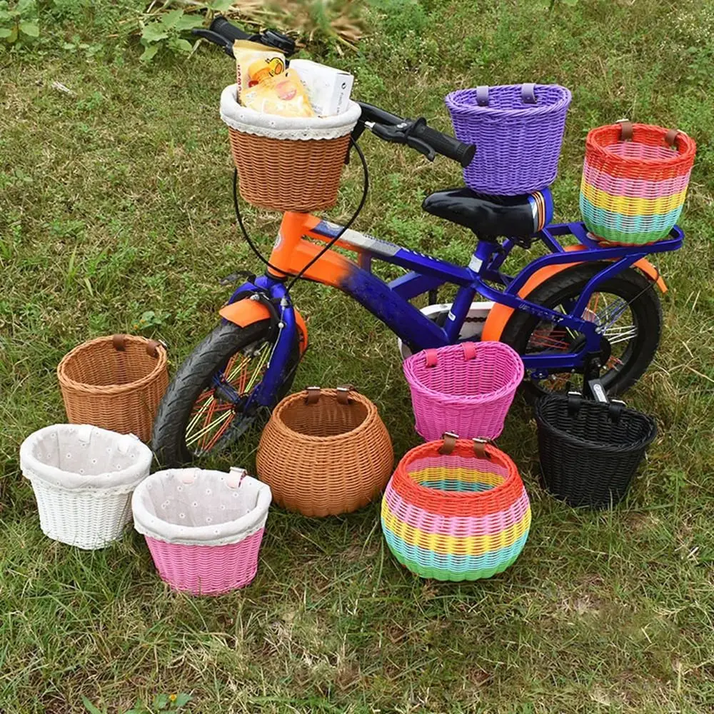 

High Quality Rattan Wicker Bike Basket with Belt 10 Styles Front Handlebar Basket Bicycle Pouch Bicycle Accessories