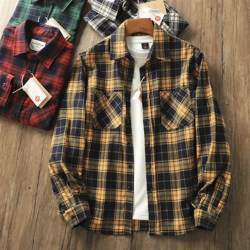 

Retro Hong Kong Style Men's Pure Cotton Thick Loose Casual Workwear Long Sleeve Plaid Shirt Youth Trend Autumn Fashion
