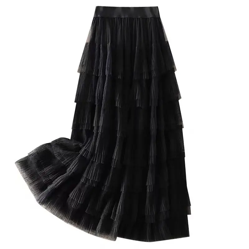 Classic Solid Color Women\'s Elastic Waist Skirt with Mesh Layer by Layer Chiffon Splicing Elastic Slim Waist Lady Long Skirt