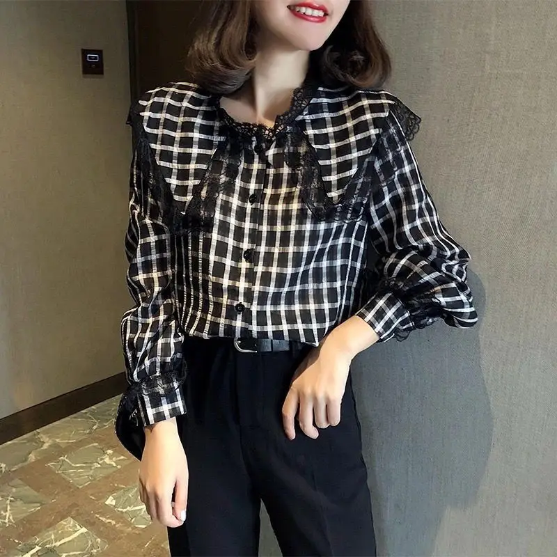 Simplicity Fashion Autumn Women Peter Pan Collar Plaid Ruffles Single Breasted Temperament Sweet Loose Long Sleeve Shirts Tops