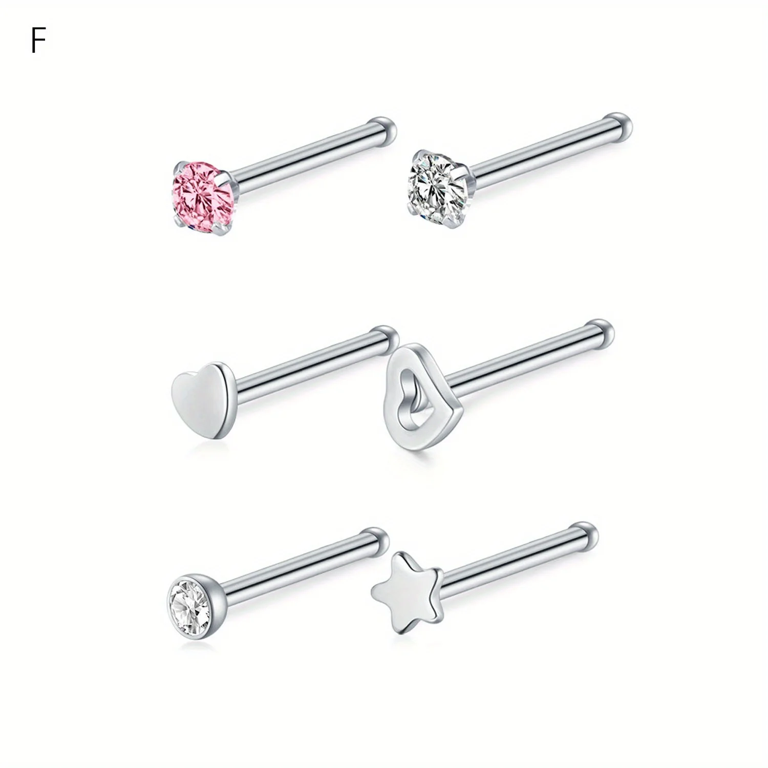 6pcs Multiple Styles Straight Barbell Cubic Zirconias Heart & Star Nose Studs, Stainless Steel Fashion Design Nostril Decor