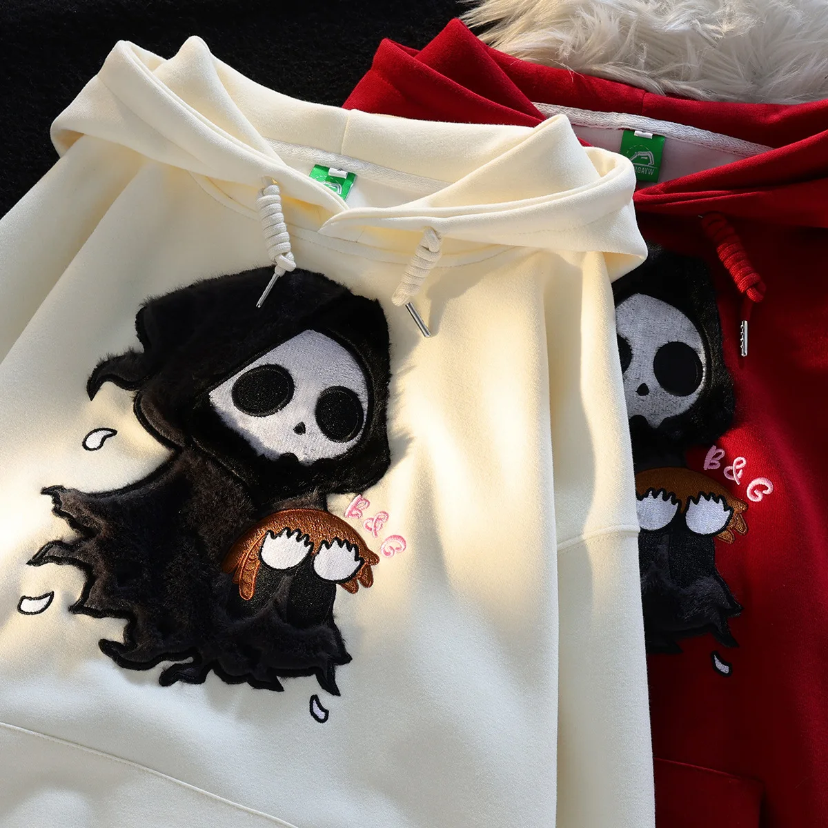 American three-dimensional plush hooded sweater women's autumn and winter loose embroidery little ghost demon flocking coat