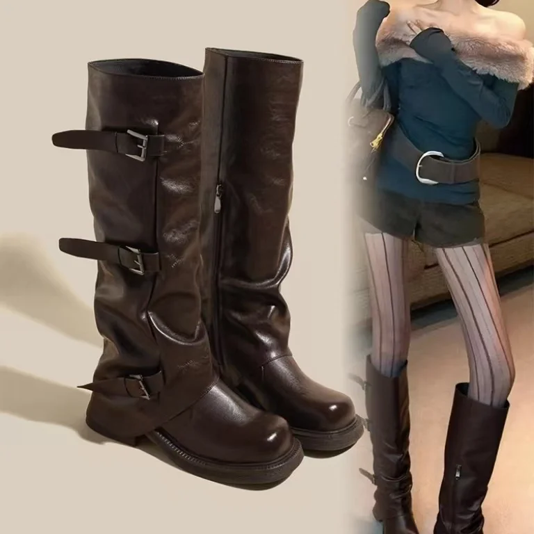 

Retro Belt Bule Long Tube Pants Boot 2025 Spring Autumn New Slim Western Cowboy High Tube Knight Boot Faionable Youth