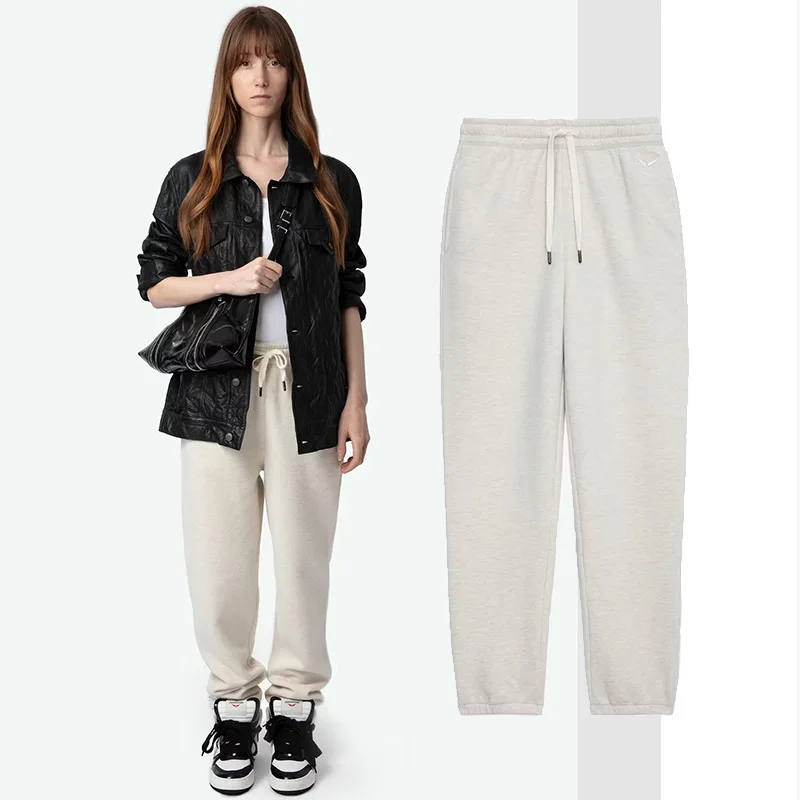 Winter New French Niche Wings Embroidered Inner Fleece Mid-waist Elastic Waist Women's Sweatpants