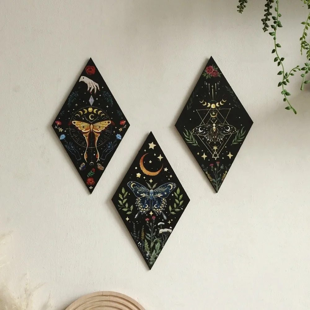 Decorative Plate Sun Moon Wooden Wall Decor Flower Boho Wall Art Sign Geometric Dark Style Wall Mounted Board Gothic Style