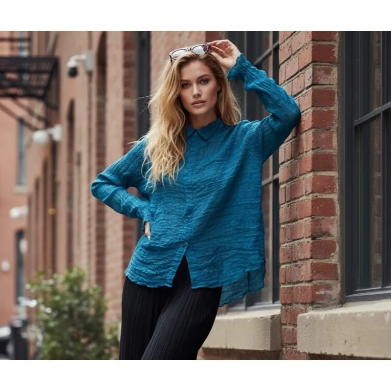 

Miyake Pleated Shirt plisse 2026 Muscle Feeling Plus Size Shirt Pleats Blouse Women Spring Vintage Niche Loose Casual Top Women