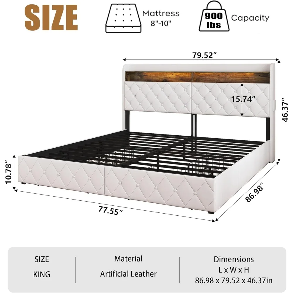 King Bed Frame and Headboard, White Bed Frame with Storage, Led Bed Frame NO Box Spring Needed, with 4 Drawers