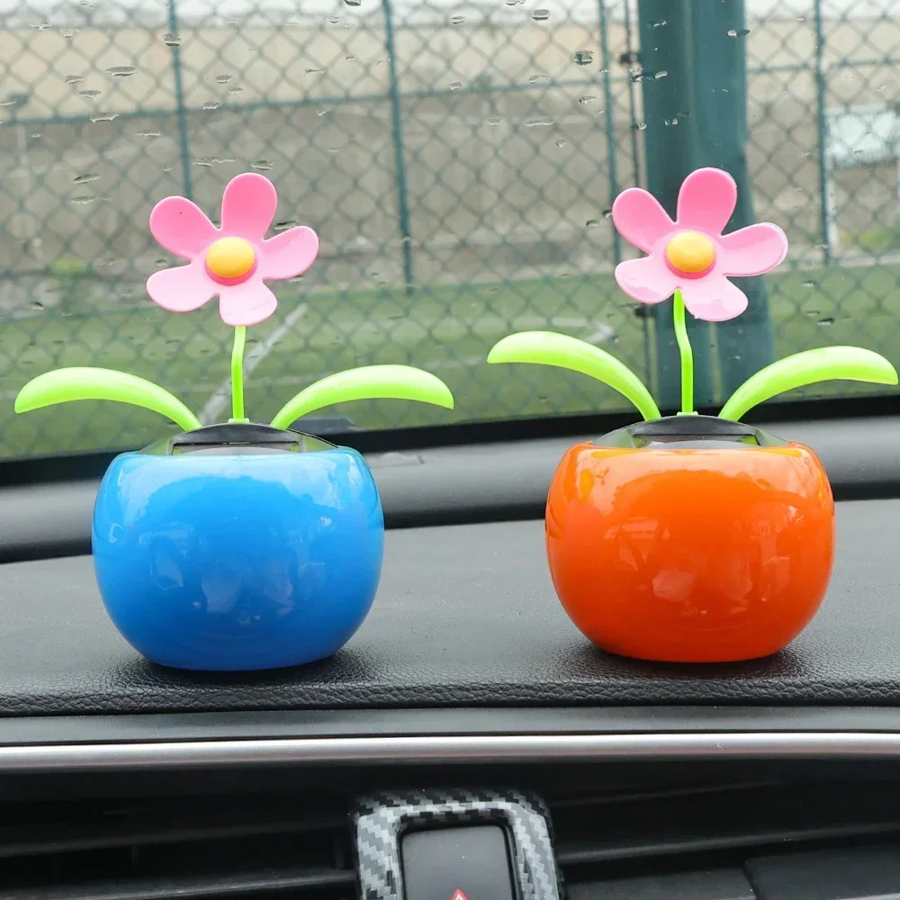 Car Ornament Solar Powered Dancing Shaking Head Cartoon Sun Flower Pot Automobile Auto Dashboard Decoration Cute Car Accessories