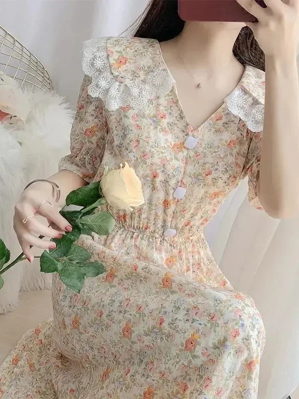 2024 Summer New Forest Style Countryside Fragmented Flower dress Women's Long Waist Slimming Doll Neck Chiffon Dress MVYD