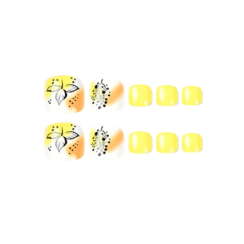 Summer Bright Yellow Hand Drawn Leaf Full Cover Short Flat Shape Toe False Nails DIY Foot Tips Nails Art Manicure Salon Material