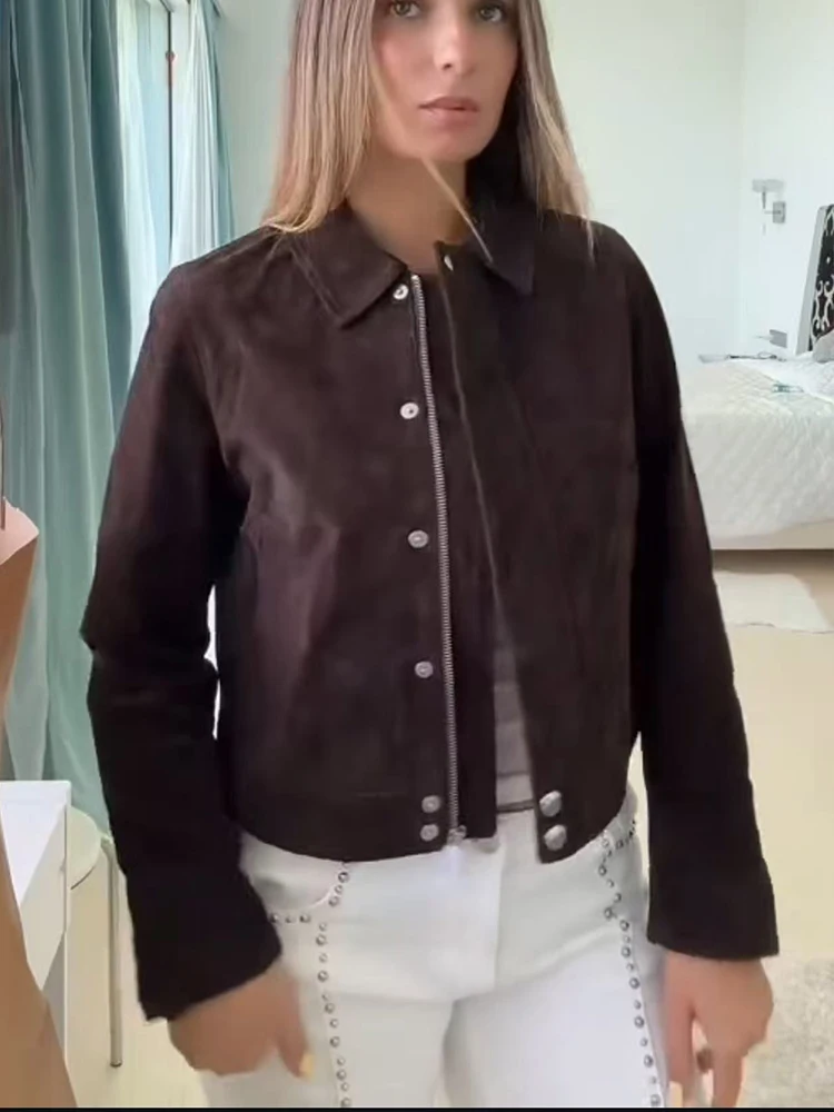 

TFMLN Women Fashion Short Suede Jacket Autumn Fashion Long Sleeve Zipper Solid Coat Chic Lady 2025 Streetwear