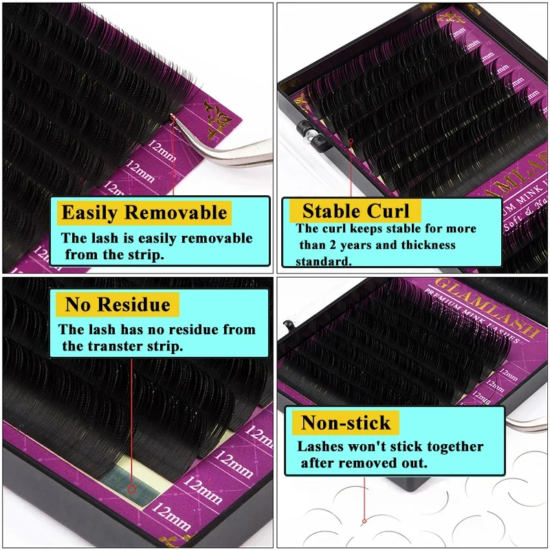 GLAMLASH-Extensão Individual dos Cílios Falsos, Onda JBCD, Cílios Vison Naturais, 16 Linhas, Premium