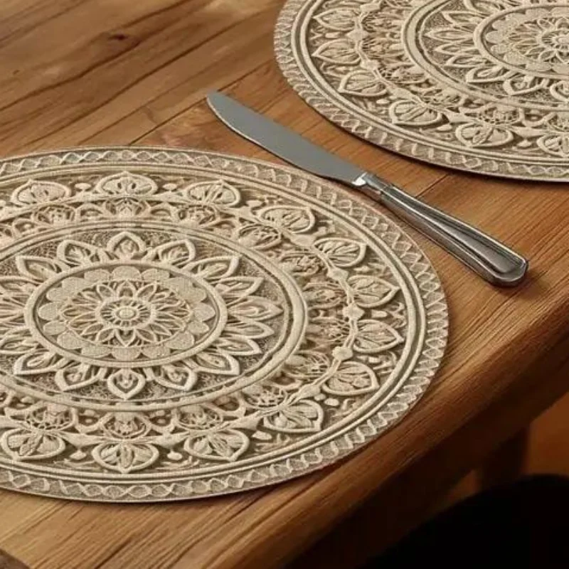 4 Pcs 2D Printed Placemats Flower Round Polyester Tablecloth Home Decoration Festival Use