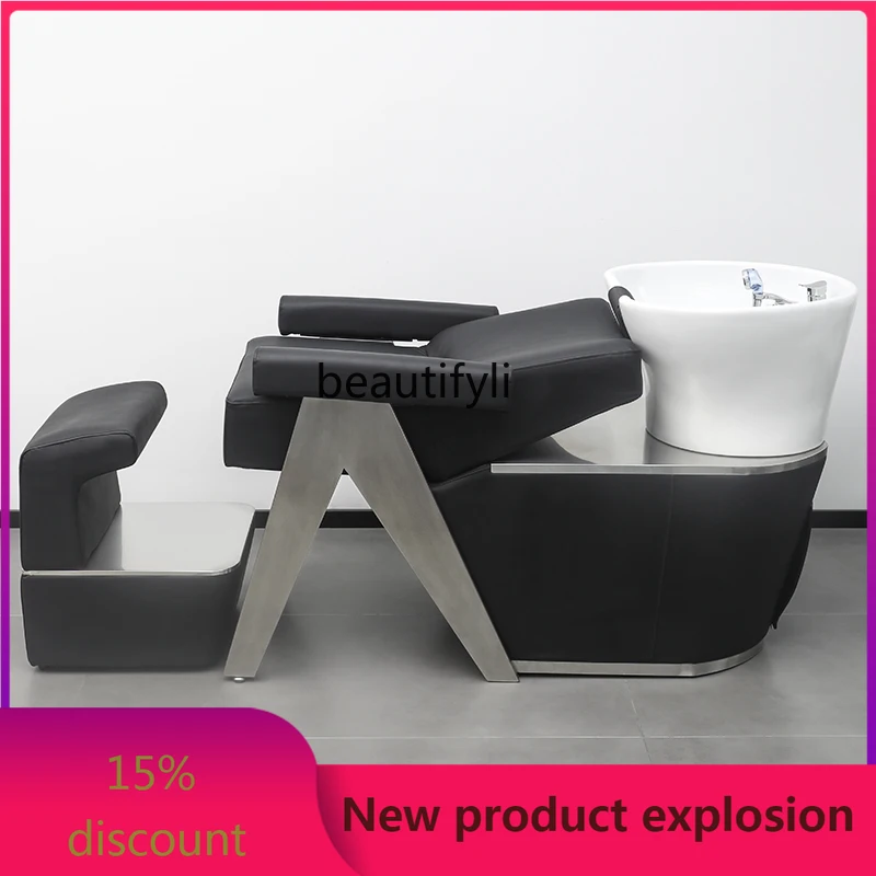 

zGHigh-End Barber Shop Shampoo Chair Lying Half Flushing Bed Stainless Steel Ceramic Deep Basin Punch Bed