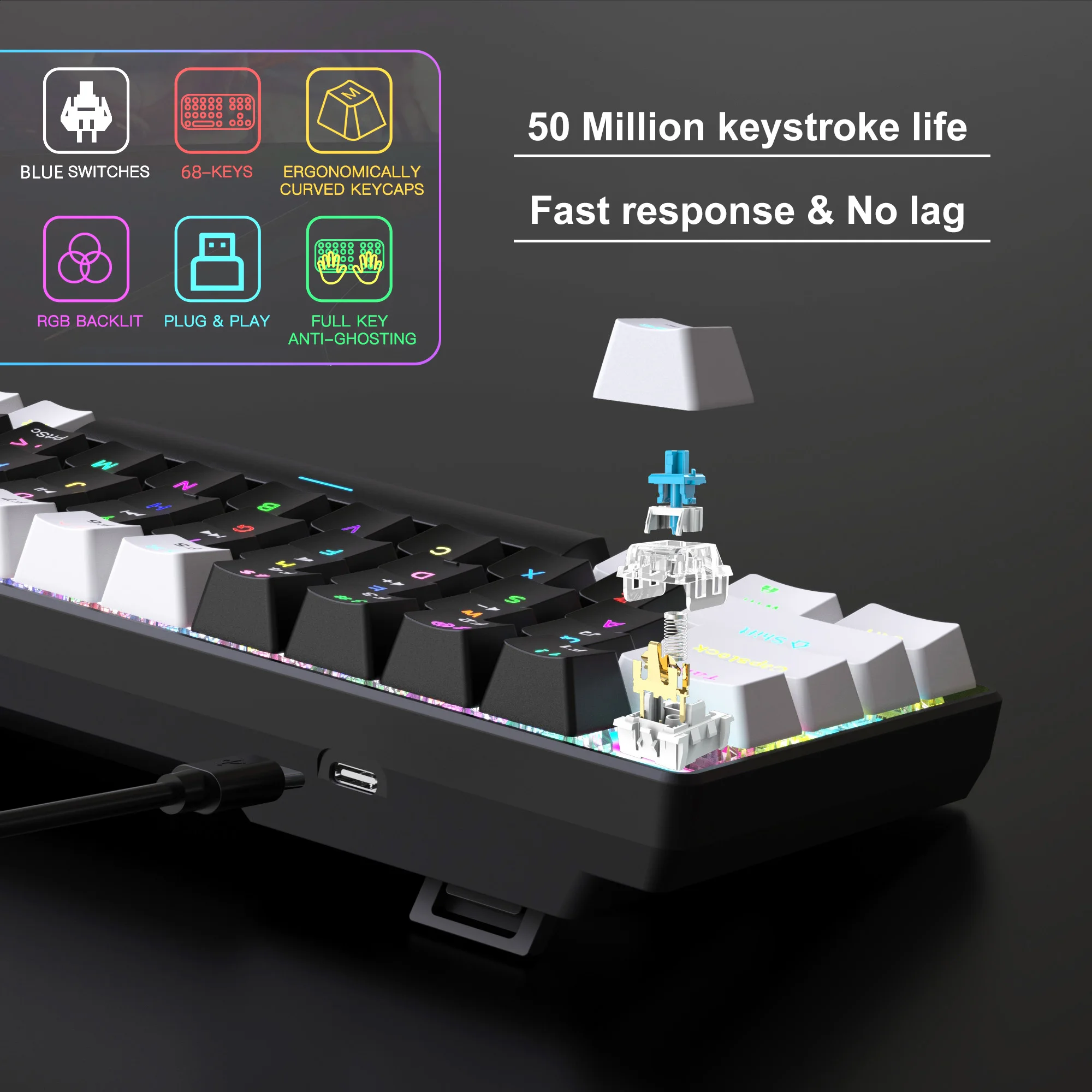 HXSJ 65% Mini Wired Gaming Mechanical Keyboard Phantom RGB, 68Keys, Ice Blue Switch, Ergonomic, Portable for PC/Laptop