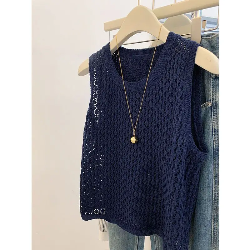 

Летняя вязаная майка без рукавов, повседневная майка с открытой спиной, однотонные короткие топы, корейский темно-синий жилет, футболка для отпуска
