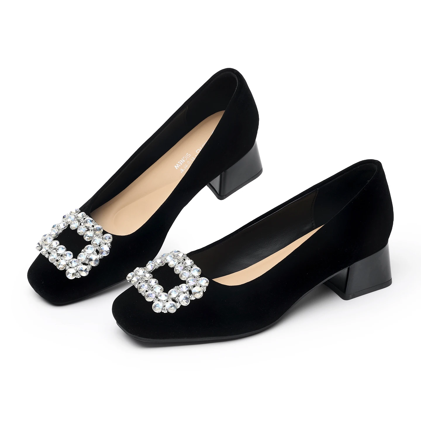 

Rhinestone Square Buckle Chunky Heel Women's Shoes, Black Suede Elegant High Heels, Soft Sole Comfortable Work Shoes