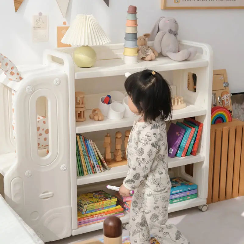 Factory Direct 2026 Household Floor Reading Picture Book Shelf Toy Storage Removable Bookcase Car Storage Box Plastic Kids Books