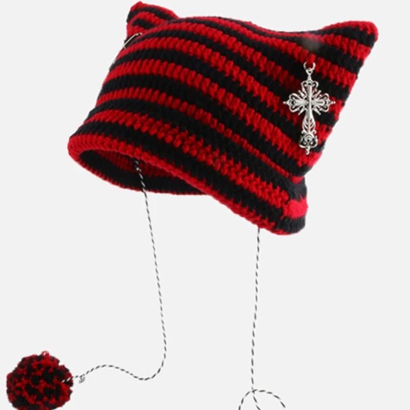 Devil Horn Hat Little Devil Hat Striped Knit Hat Ear Beanie Earflap Beanie