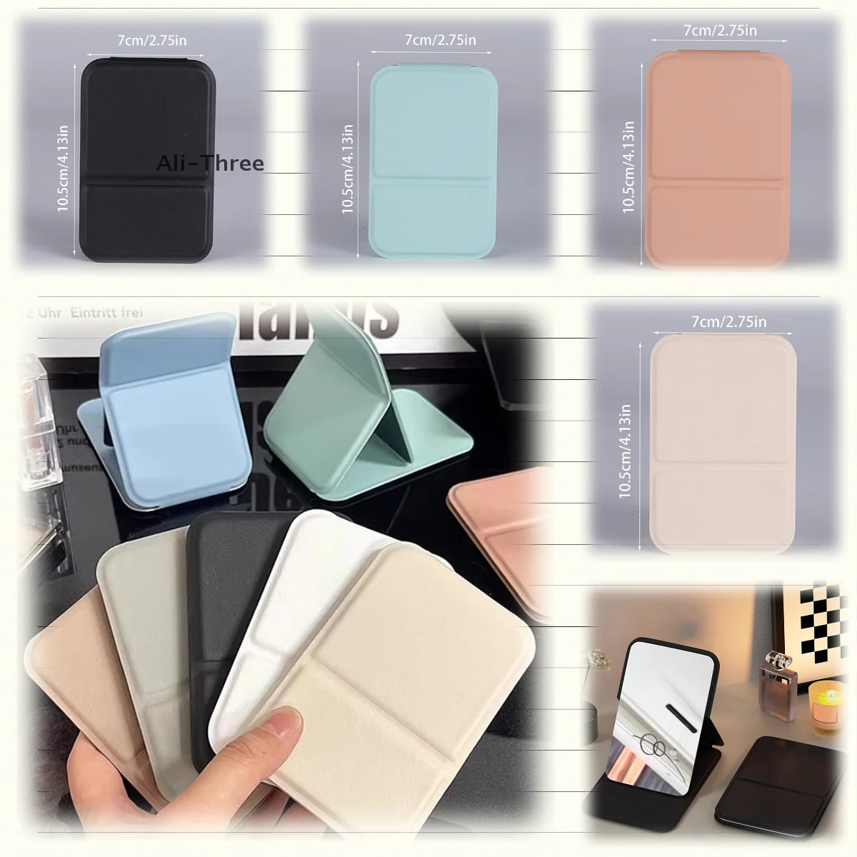 Desktop Mini Opvouwbare Make-upspiegel Effen Kleur PU Leer Eenvoudig Draagbaar Slijtvast Student Compact Handheld Make-up Mir