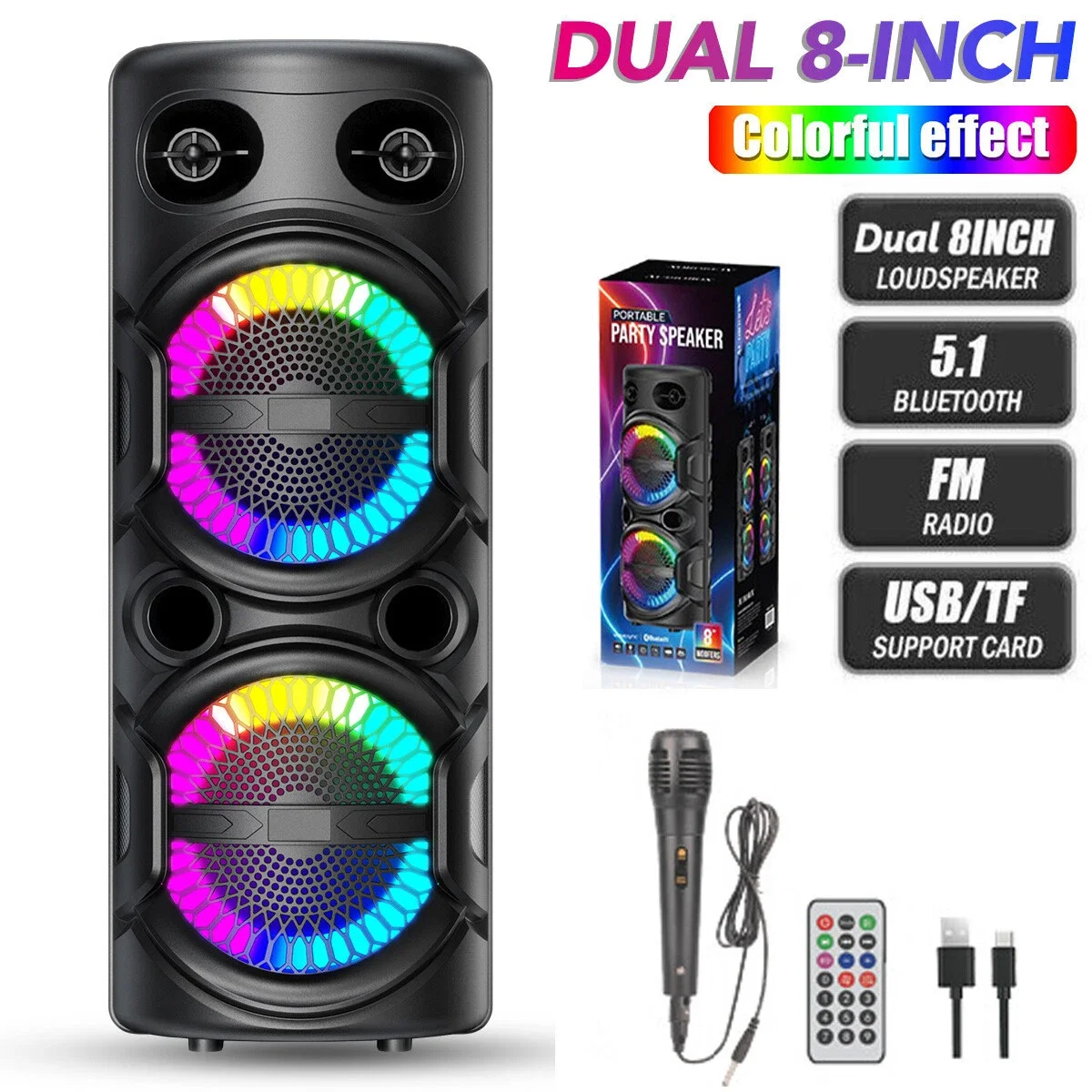 

Dual 8" Woofer Portable FM Bluetooth Party Speaker Heavy Bass Sound With Mic LED