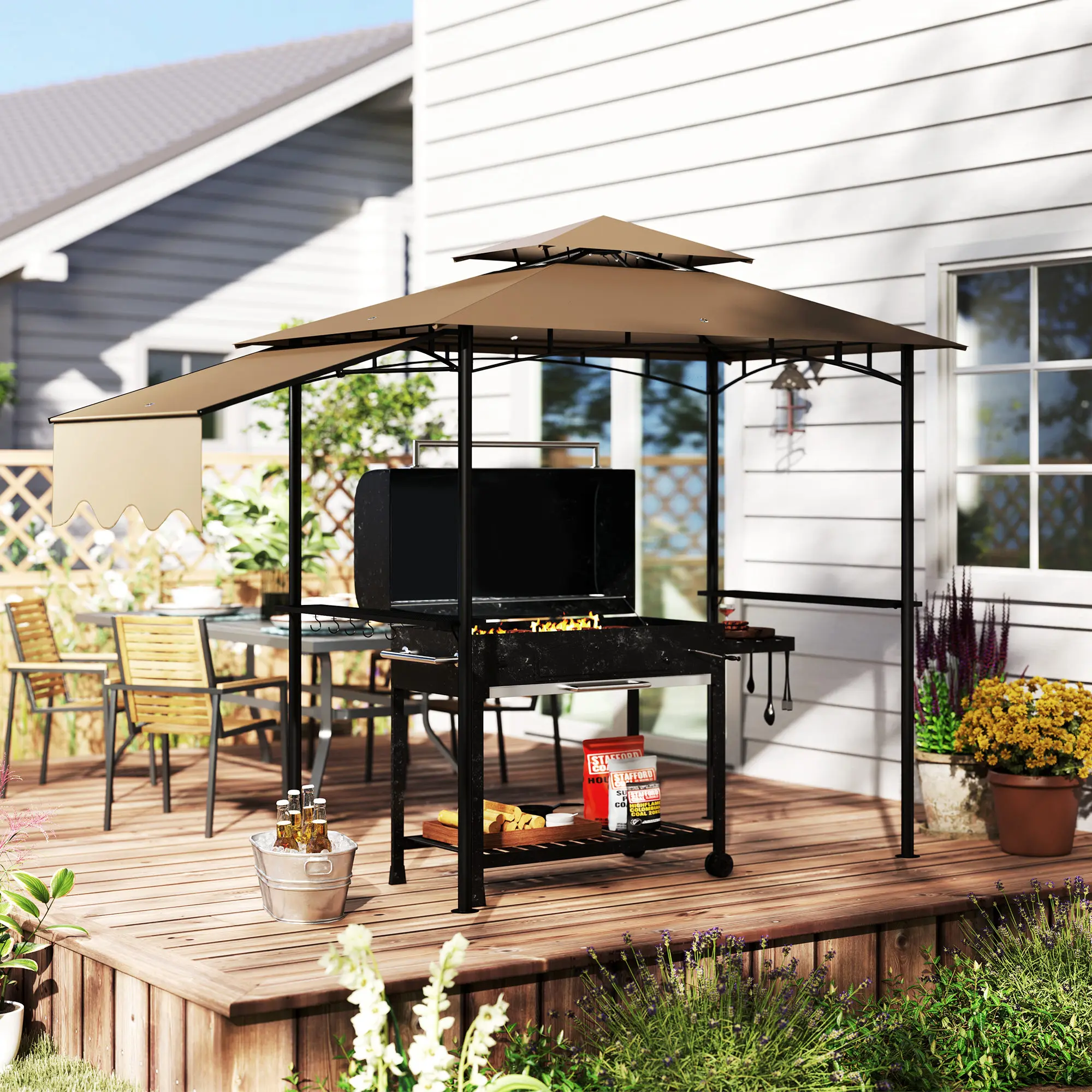 8' x 5' Grill Gazebo, 2-Tier Outdoor BBQ Gazebo, Brown