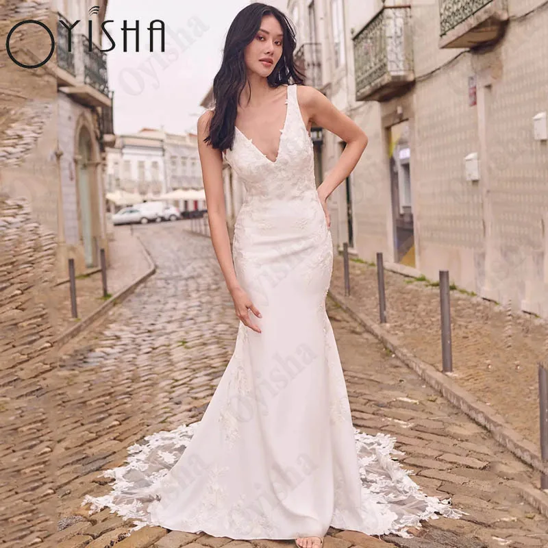 Oyisha-vestido de novia con escote en V para mujer, traje Sexy de sirena con tirantes finos, Espalda descubierta, satén, hecho a medida Sexy vestido de novia con aplicación de cuello V pasta con tirantes de sirena vest