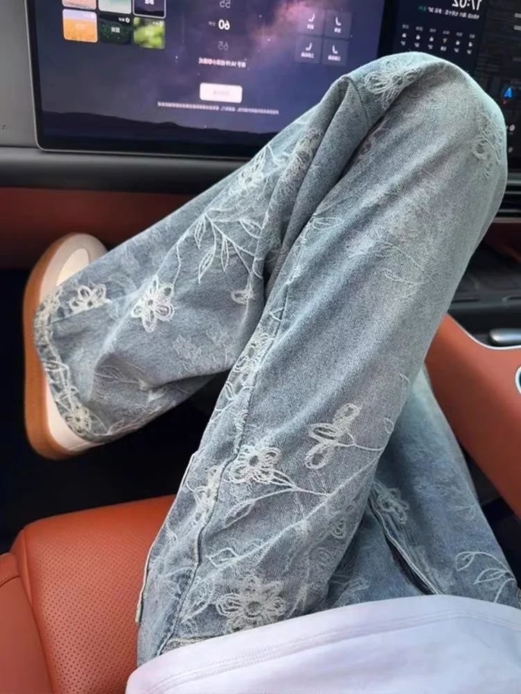 

Light Blue Floral Embroidery Wide Leg Jeans Women's Casual Loose Long American Style Autumn Spring Season Ladies Jeans