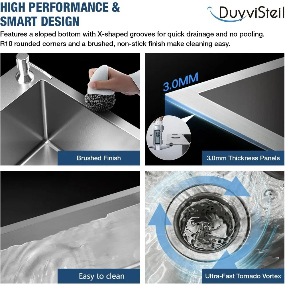 حوض مطبخ مزدوج من الفولاذ المقاوم للصدأ مقاس 30 بوصة مع طلاء نانو وملحقات لتركيب السقوط/التركيب العلوي