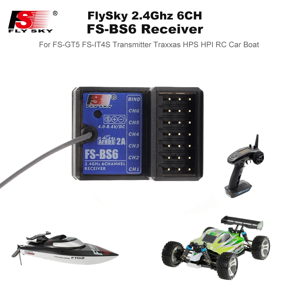 Flysky-FS-BS6 Receptor, 2.4Ghz, 6CH, AFHDS, Saída PWM, Giroscópio embutido, Transmissor à prova de falhas para GT5, FS-GT5, FS RC Car, Tanque de barco T5F4