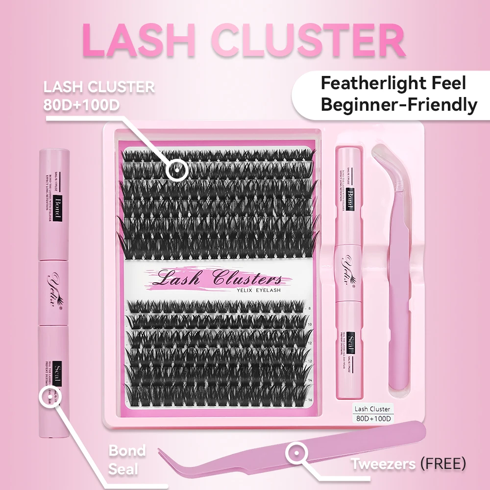 Yelix DIY Eyelash Extension Kit Fluffy Individual Lashes Includes Eyelash Tweezers Lash Bond and Seal Natural Volume Lashes