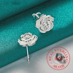 925 Sterling Silver Rose Flower Stud Earrings For Woman Girls Kids Fashion Wedding Engagement Part Jewelry Gift