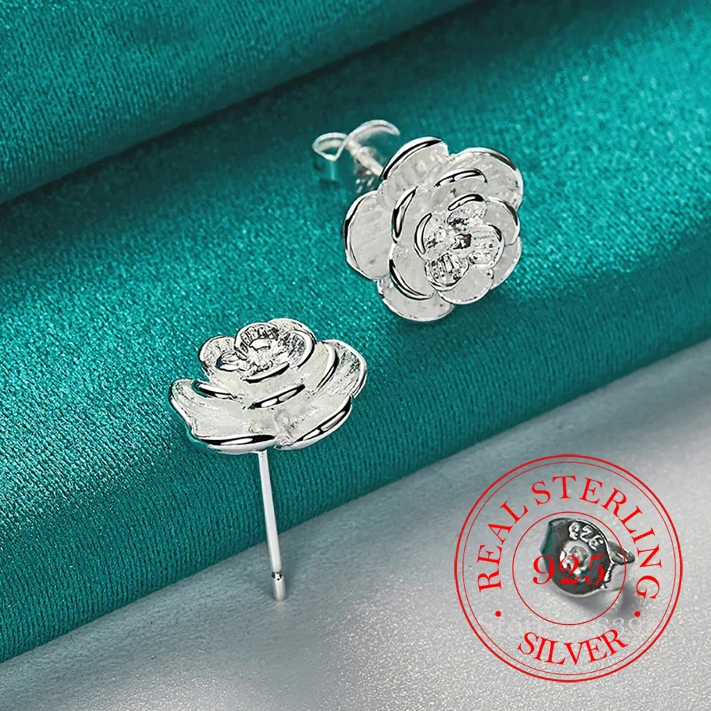 925 Sterling Silver Rose Flower Kolczyki sztyfty dla kobiet Dziewczyny Dzieci Moda Ślub Zaręczyny Część Biżuteria Prezent