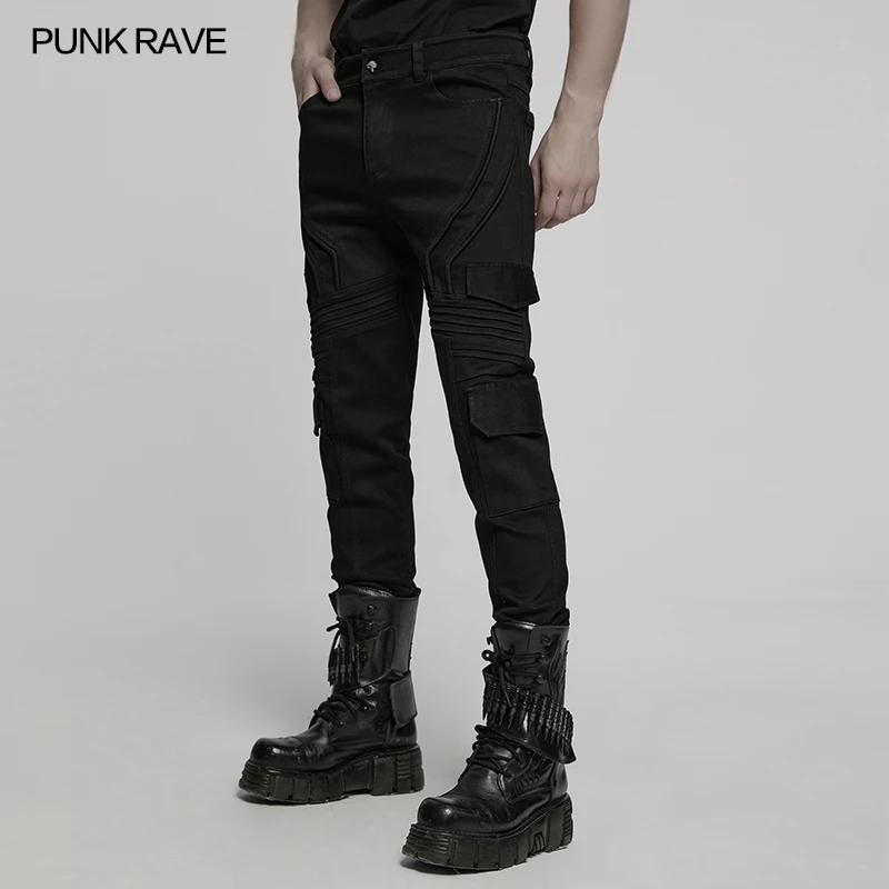 PUNK RAVE Pantaloni in denim slim punk semplici da uomo Pieghe di segmentazione geometrica 3D Pantaloni personalizzati belli Streetwear