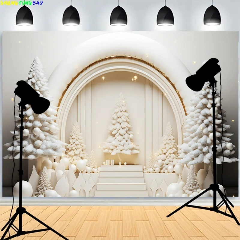 

Living Room With Majestic Christmas Trees Wooden Floor Background New Year Shoot Family Party Photography Backdrops XH-58