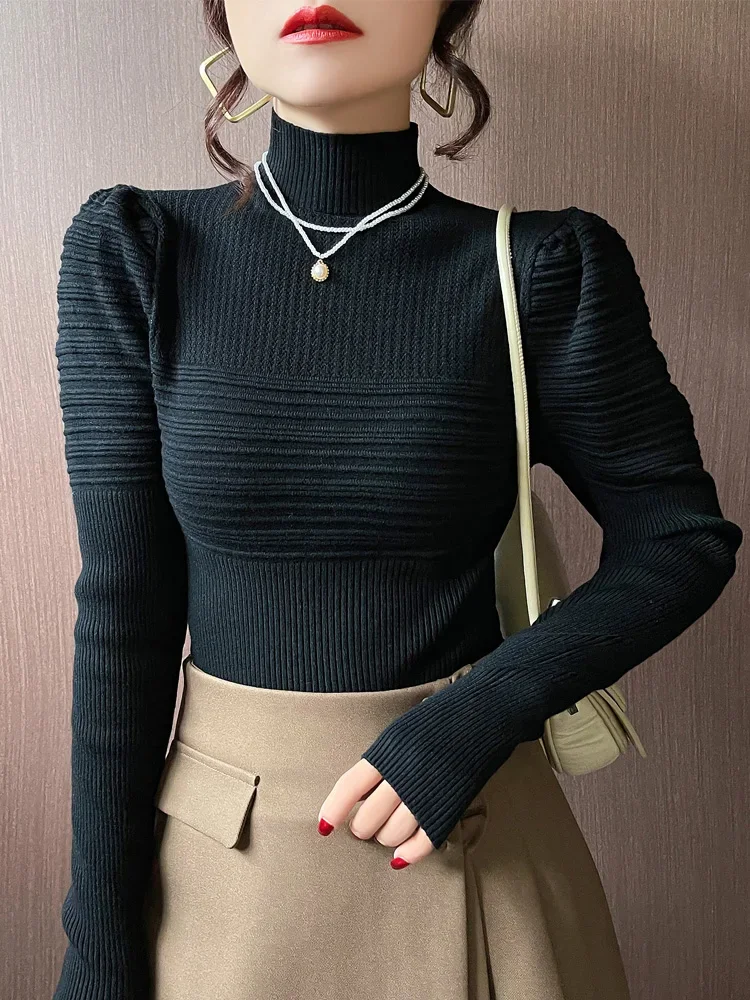 Elegant Solid Basic Knitted Tops Women Turtlneck Sweater Puff Sleeve Casual Slim Pullover Korean Fashion Simple Chic Clothes