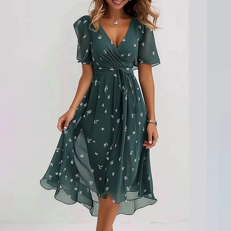 Spring Floral Print Chiffon Women Dresses Elegant V Neck Draped A-Line Party Dress Summer Short Sleeve High-waist Office Dresses